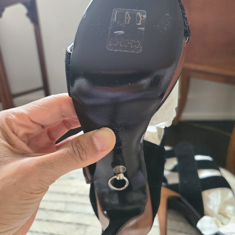 Braided Strap Black and Brown Suede High Heel Sandals - Picture 7 of 11